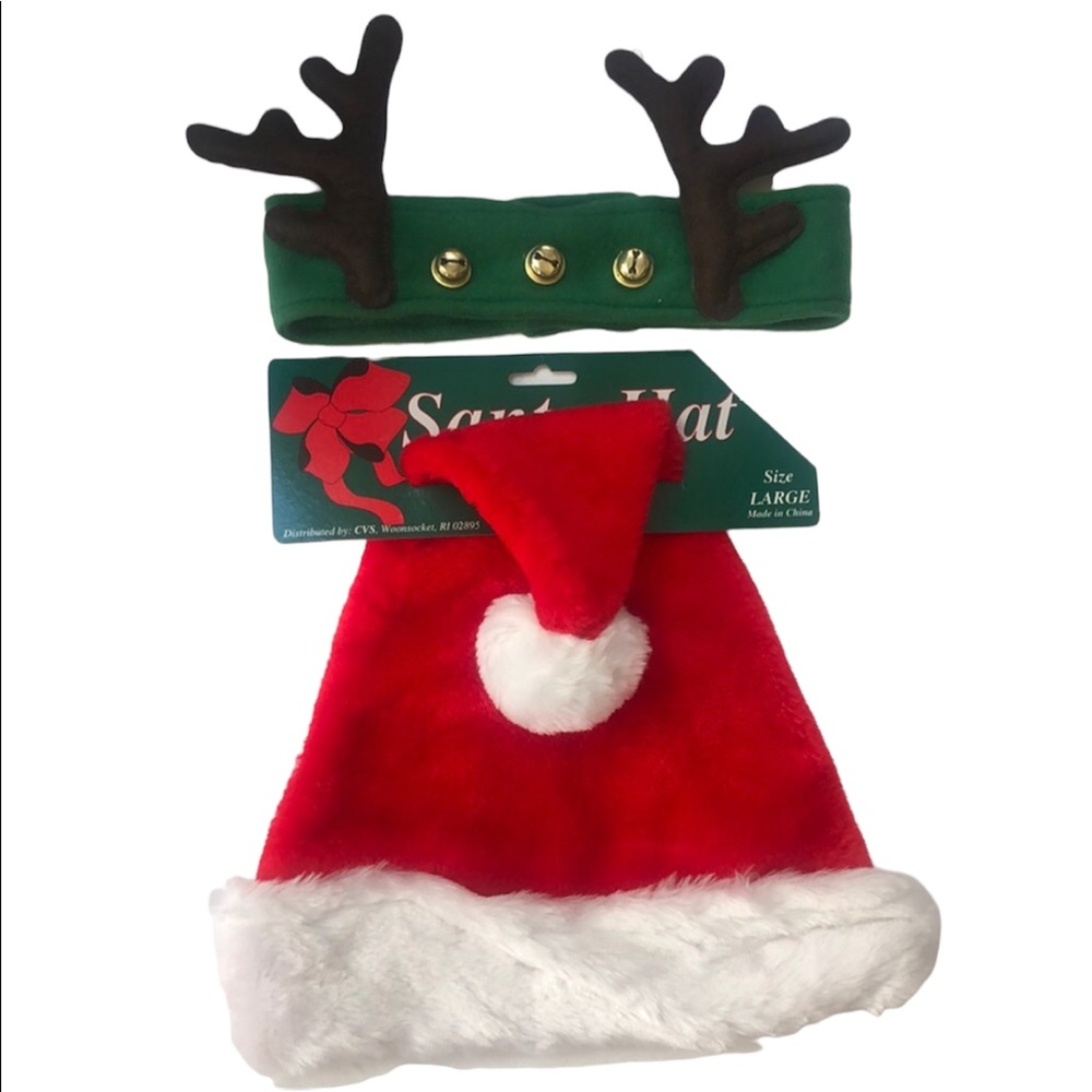 Set of Santa Hat & Reindeer Antler With Jingle Bells Pet Adjustable Headband